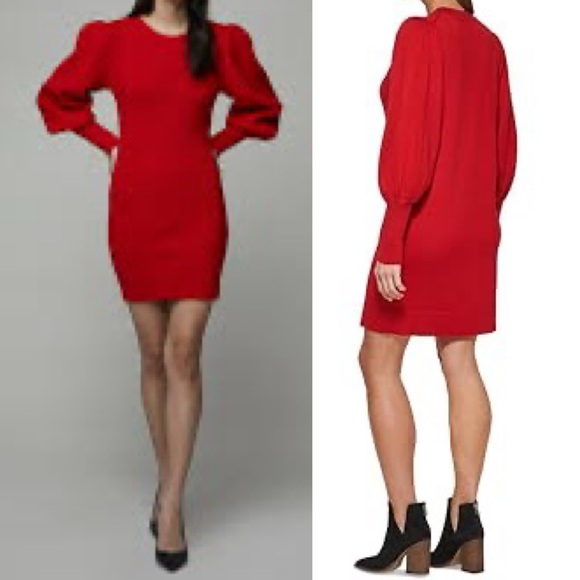 Vince Camuto Womens Crewneck Sweater Dress Red Vibrant Long Puff Sleeve Sz. S - Picture 1 of 12